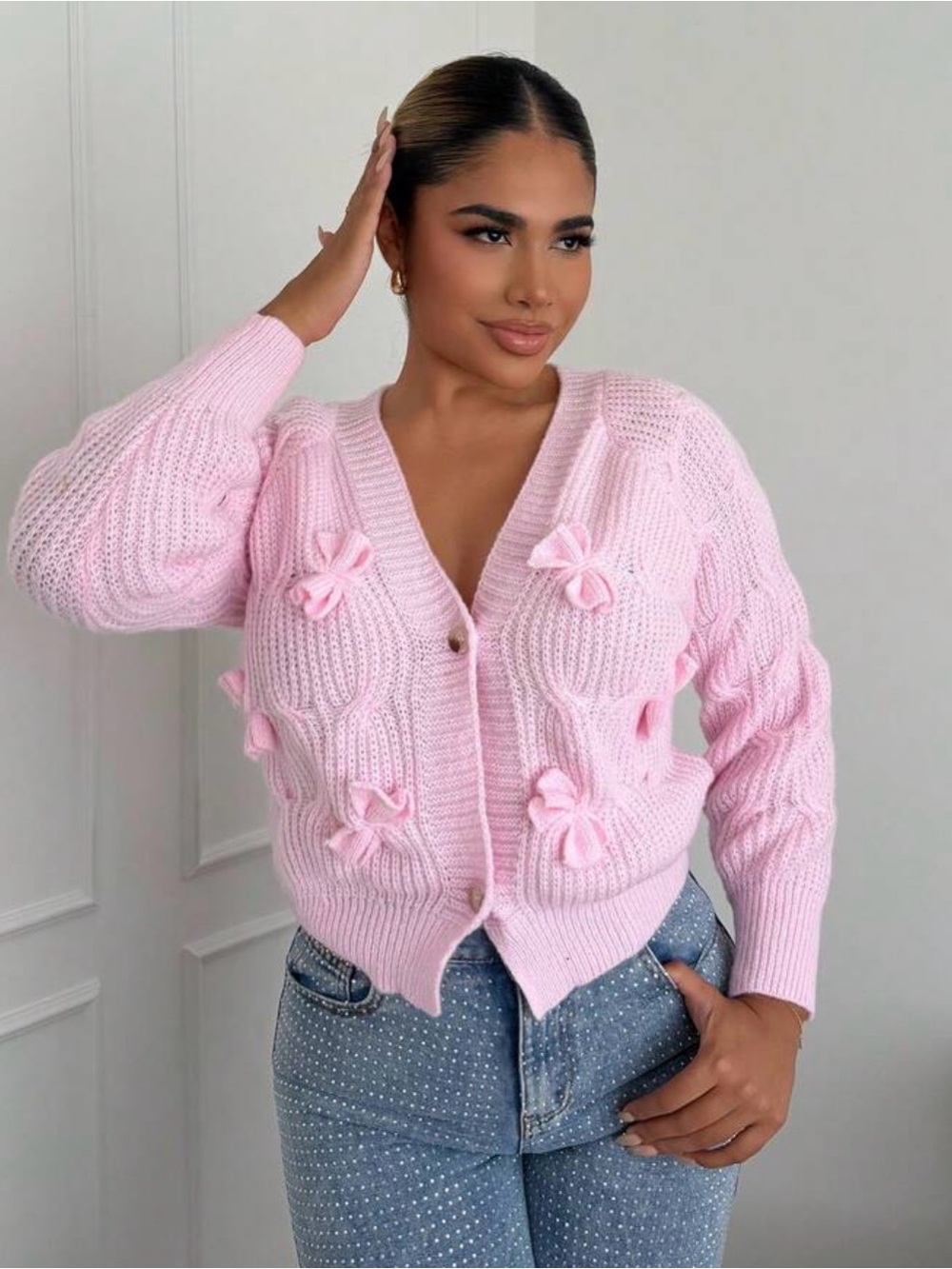{NEW} Soft Pink Bow-Appliqué V-Neck Cardigan Sweater S/M